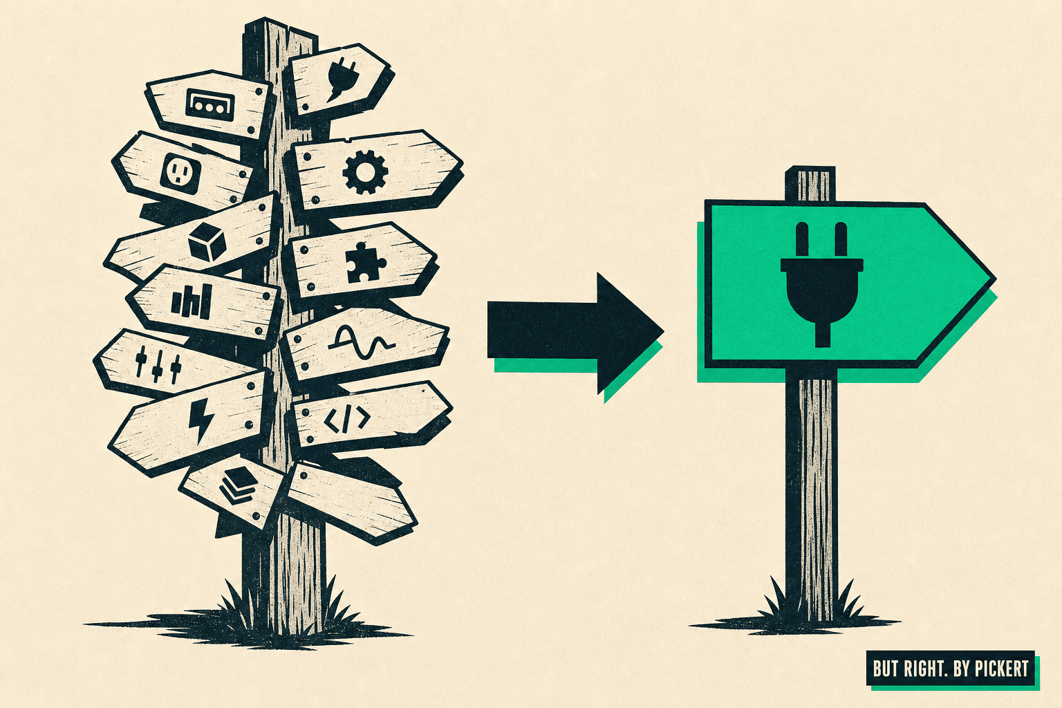 Illustration: altes überladenes Wegweiser-Schild mit vielen Plugin-Symbolen neben einem neuen, klaren Schild mit Stecker-Symbol – Symbolbild für die WordPress-Migration