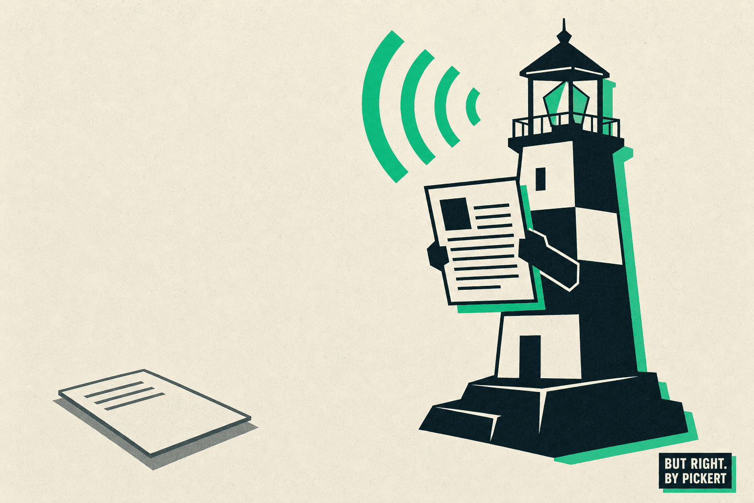 Illustration: ein Leuchtturm liest eine Seite und sendet ein klares grünes Signal aus, im Kontrast zu einer stummen, unbeachteten Seite am Boden – Symbolbild für KI-Sichtbarkeit von Websites