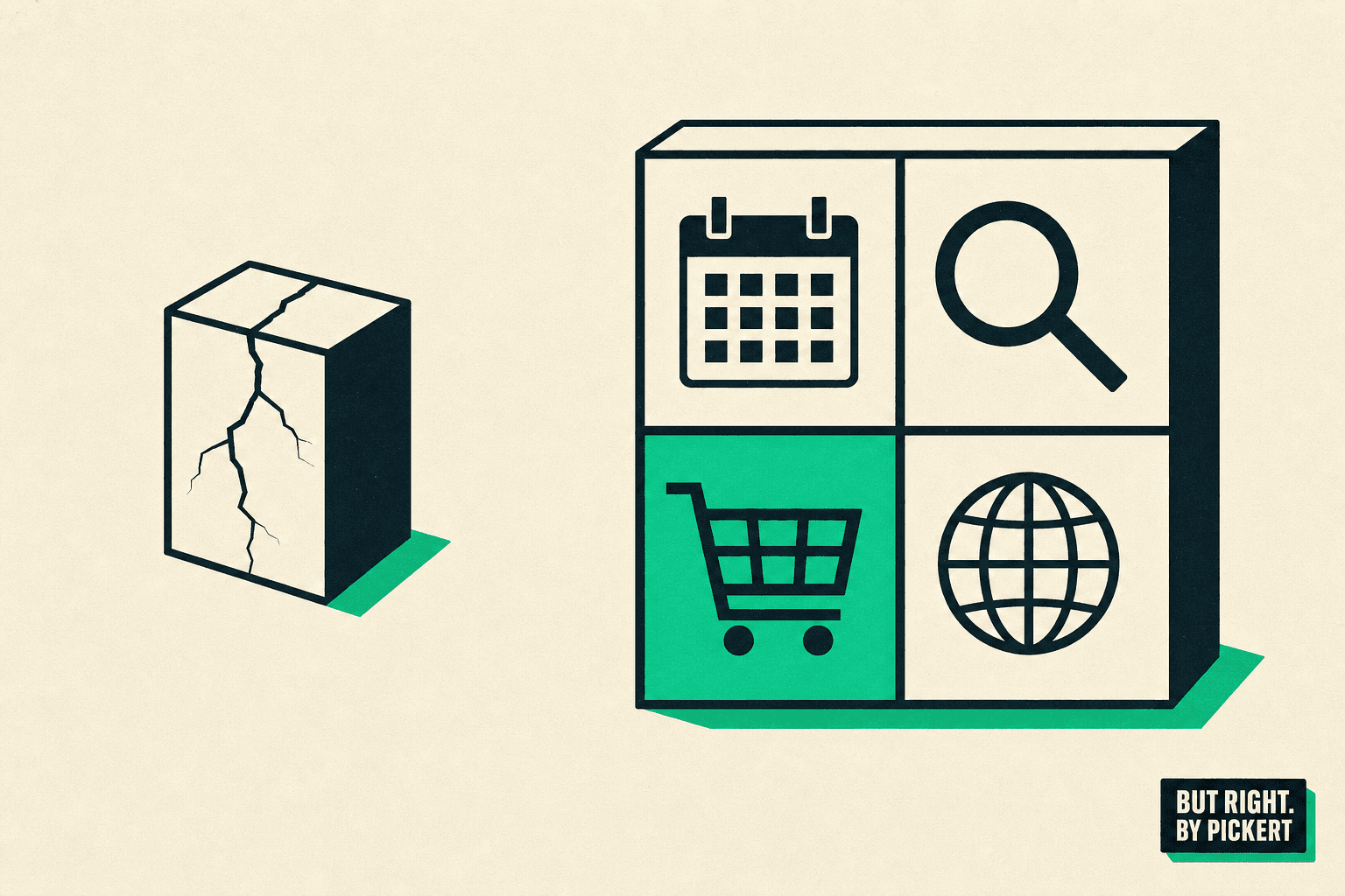 Illustration: ein einzelner, zerbrechlicher Baustein mit Rissen neben einem sauberen Modul-Raster aus Kalender-, Such-, Warenkorb- und Sprach-Icons – Symbolbild für Vibe-Coding im Vergleich zu einer ausbaufähigen Website