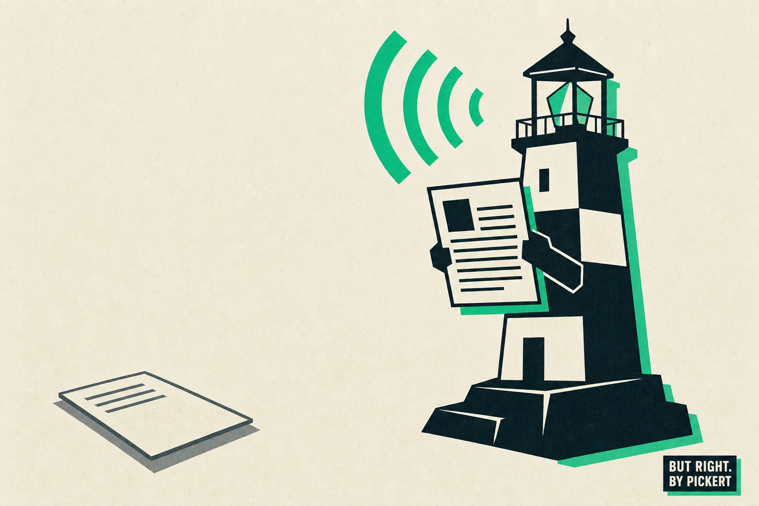 Illustration: a lighthouse reads a page and sends out a clear green signal, in contrast to a silent, unnoticed page on the ground – symbolic image for the AI visibility of websites